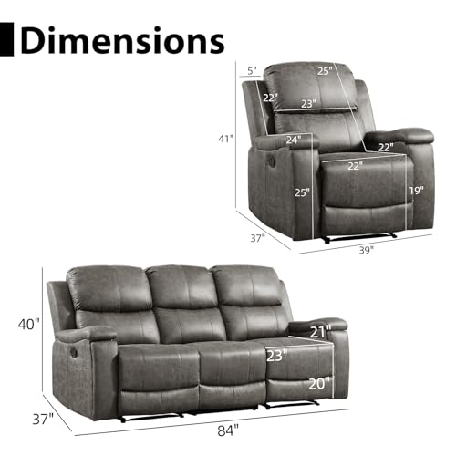 Image of CANMOV Faux Leather Manual Reclining Sofa Furniture Set, 2 Manual Recliner Chair and 3 Seat Recliner Sofa Couch Set for Living Room,Gray