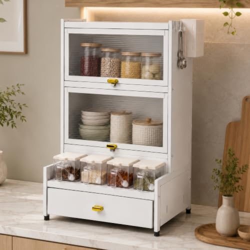 Image of Kitchen Storage Cabinet | Kitchen Cabinet with 2 Layer Kitchen Organiser, Drawer, 4 Storage Boxes & Side Holders | Dustproof Space Saving Carbon Steel Shelf | White 41 CM, Pack of 1