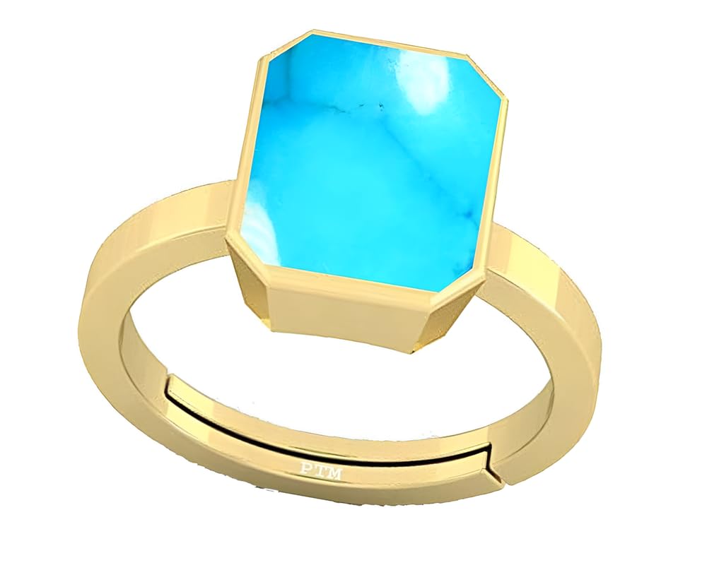 PTM Natural Turquoise/Firoza 3.25 to 10.25 Ratti or 3.00 to 9.50 Carat Astrological Certified Gemstone Panchdhatu/5 Metals Gold Plated Adjustable Ring for Men Women
