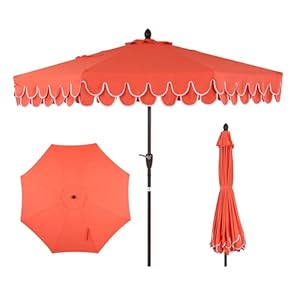 JONATHAN Y UMB1002A Tracy 9 ft. Classic MidCentury Scalloped Fringe Market Patio Umbrella with Auto-Tilt, Crank, Wind Vent and UV Protection in Coral Red/White