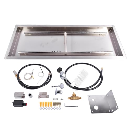 36 x 12 Inch Stainless Steel Propane Gas Rectangular Drop-in DIY Fire Pit Kit Burner Kit with H Burner & Spark Ignition 150,000 BTU