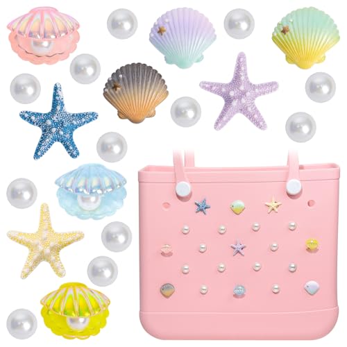 Charms for Bogg Bag Starfish Shells & Pearls for Bogg Bag Accessories Compatible with Simply Southern Beach Totes Insert for Rubber Beach Bag Tote Handbag Decoration for Women Ocean Birthday Party Favor