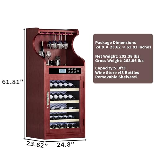 Image of KEIKI 43 Bottle Wine Refrigerator, Freestanding Single Zone Wine Cooler with Humidity Control, Tempered Glass Door, LED Lighting, Lockable Wood Cabinet, Low Noise for Connoisseurs, Cherry