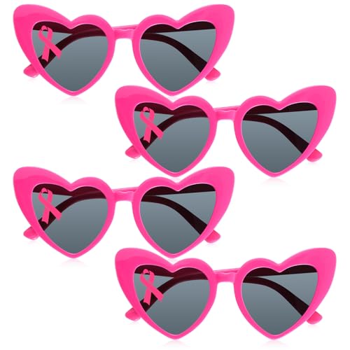 Konohan 4 Pack Pink Ribbon Sunglasses for Women Love Heart Shaped Sunglasses Breast Cancer Awareness Accessories(Rose Red)