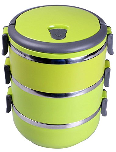 KnGLuv Stainless Steel Food Storage Container - Food Saver 3 Stack-able Round Bowls - Lunch Box with Lid Carry Handle In Lime Green