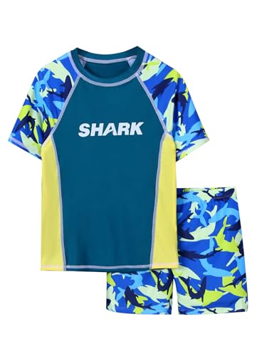 Boys Kids Short Sleeve Shark Shirts with Shorts Two Piece Printed Sport Swimsuits