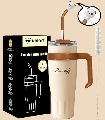 Image of Insulated Tumbler with Straw Lid and Handle (1200 ML) Double Wall Sipper Water Bottle for Adults, Tumbler Bottle with Straw (Almond Quartz, 1200 ML, with Panda Straw Coverr)