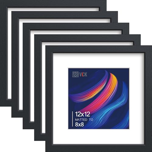 Image of VCK 12x12 Frame 5 Pack, Black Wood, 8x8 Mat, Glass, for Picture Prints