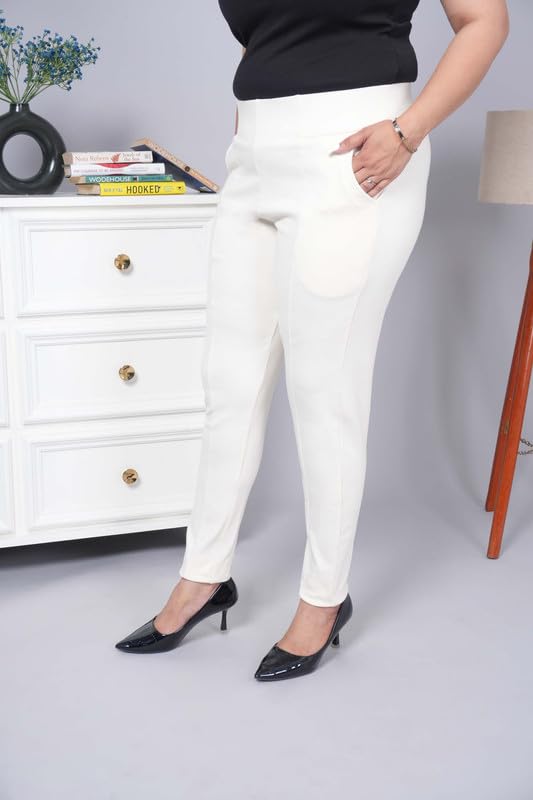 Image of Mlada Women's Solid Cotton Lycra High Waist Ankle Length Tummy Tucker Jeggings Trouser with 2 Side Pockets | Office Wear Summer Pants | Regular Fit, Stretchable, Comfortable & Stylish Everyday Bottoms