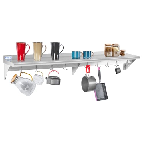 Image of Hally Stainless Steel Shelf with 9 Hooks 12 inch x 72 inch Wall Mounted Pot Rack 345lb, NSF Commercial Floating Shelving for Storage Hanging Pots, Pans, cookware in Restaurant, Kitchen, Home and Hotel