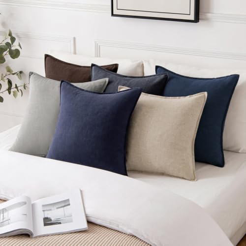 Image of MIULEE Decorative Linen Pillow Covers 22x22 Inch Navy Blue Boho Farmhouse Neutral Couch Throw Pillows for Bed Pack of 2 Accent Modern Pillowcase Sofa Livingroom Home Decor
