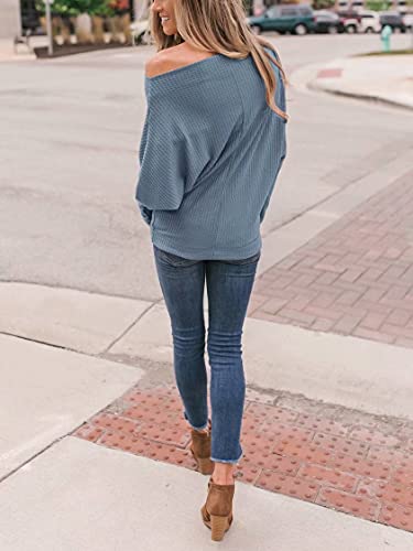 Women's Off Shoulder Tops Oversized Pullover Sweater Waffle Knit Boat Neck Blouse Loose Tunics Dusty Blue Small #TOP6