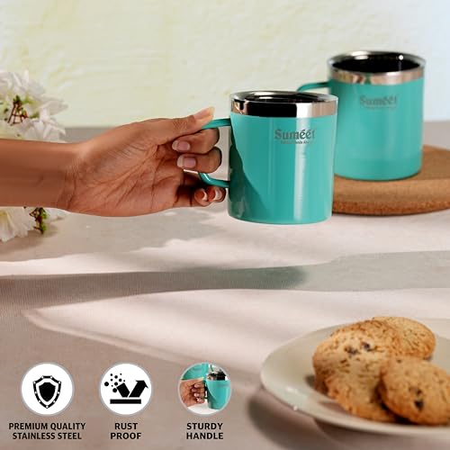 Image of Sumeet Stainless Steel Coloured Double Wall Tea /Milk /Coffee Mug Set of 2Pc - 300ml - Green