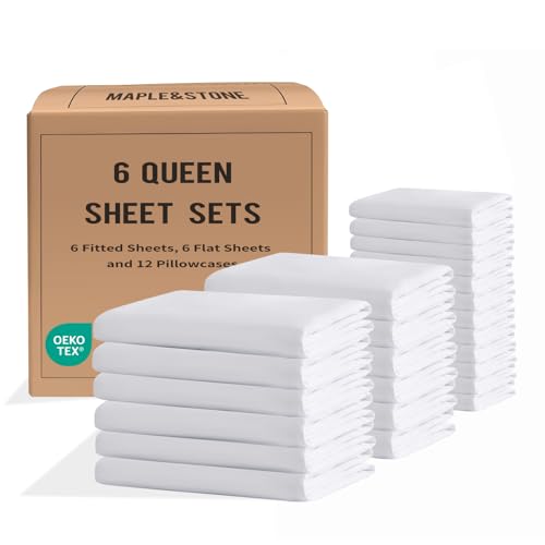 Maple&Stone Bulk Pack of 6 Queen Sheet Sets Wholesale Case Pack for Hotel Microfiber Bedding Deep Pockets Wrinkle Free Breathable Complete Sheet Sets for Guest Bedroom Spa & Airbnbs White