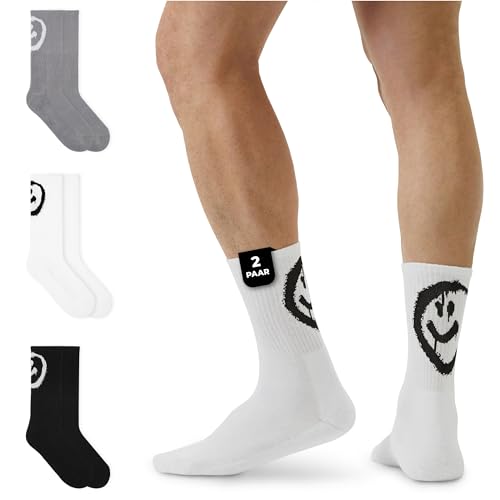 von Jungfeld 2er Set Weiße Tennissocken Damen & Herren in Gr. 39-42 - Lange Socken (Crew Socks) aus Bio-Baumwolle - Strümpfe mit Smiley Statement