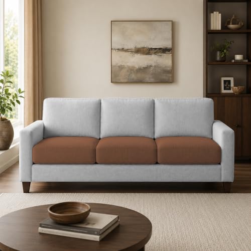 Image of Casaliving Gladino Modern Velvet Fabric Sofa, Tufted Design Upholstered 3 Seater Sofa Set for Living Room, Premium Velvet Fabric Sofa (Brown Grey)