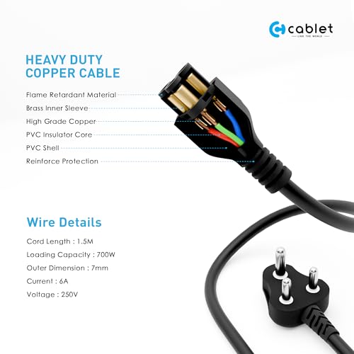 Image of Cablet 1.5M Black 3 Pin Laptop Power Cable with 18 AWG & 700W Heavy Duty Universal Power Cable Replacement for Charger Adapter Power Cord for Laptop