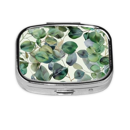 グリーン ユーカリの葉 プリント ピルボックス トラベル スクエア ピル オーガナイザー ポータブル ピルケース ミラーと2つのコンパートメント