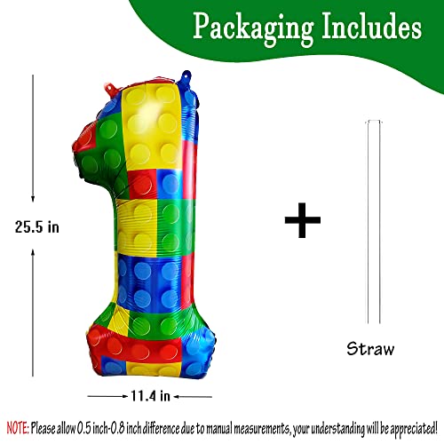Image of 32 Inch Building Block Number 1 Balloons One Balloon for First Birthday | 1 Balloons for 1st Birthday Large Big Helium Foil Mylar Balloon for Birthday Party Decoration Supplies