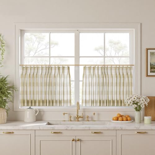 Image of TWOPAGES Pinch Pleat Cafe Curtains 30 Inch Long Buffalo Plaid Light Filtering Farmhouse Half Window Curtains for Bathroom (Khaki Grid, 26W x 30L Inches, Set of 2)