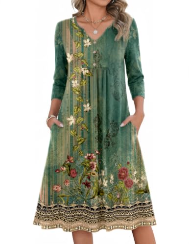 Image of Zeagoo Womens Dresses 3 /4 Sleeve Casual Fall A Line Midi Dress with Pockets