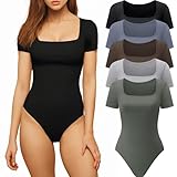 CE' CERDR Women’s 5 Pack Short Sleeve Bodysuits Square Neck T-shirt Basic Casual Tops Body suit