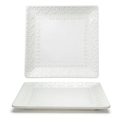 Lot de 2 Assiettes Carrées 20cm Porcelaine Blanche, Motif en Relief Vintage Style Français - Assiette Plate Dessert, Gâteau, Steak, Pâtes, Sushi, Apéritif...
