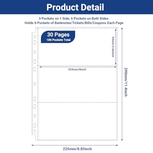Image of 180 Pockets Acid Free Currency Sleeves, 30 Pack Dollar Bill Sleeves for Collecting Cash, Banknotes or Coupons, Fit for 3 Ring Binder Currency Album, Non Stick and Non Glare
