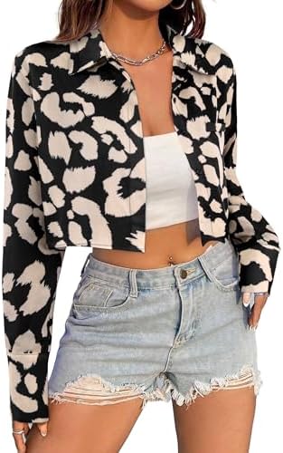 Avanova Women Striped Button Down Crop Top Collared Neck Long Sleeve Blouses Shirt