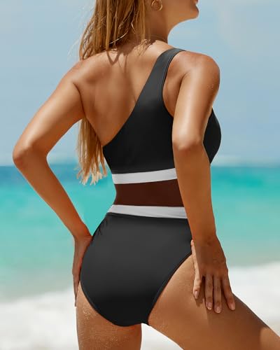 Holipick Women'S Black And White One Shoulder One Piece Swimsuit Cutout Bathing Suits Mesh Slimming Swimwear For Teen Girls Medium thumb #1
