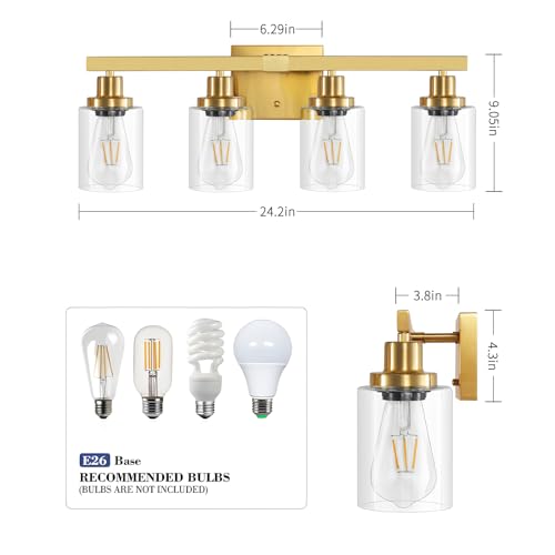 Image of Bathroom Vanity Light, 4-Light Modern Matte Gold Wall Sconce Lighting with Clear Glass Shade, Black Wall Lights,Bath Vintage Wall Mounted Lamps for Mirror Bedroom Living Room
