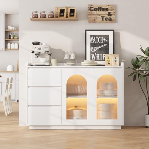Garvee Coffee Bar Cabinet, 48 in Buffet Cabinet Storage Cabinet Sideboard Modern Kitchen Buffet Table with 3 Drawers, Glass Doors 3 Color Led Lights,