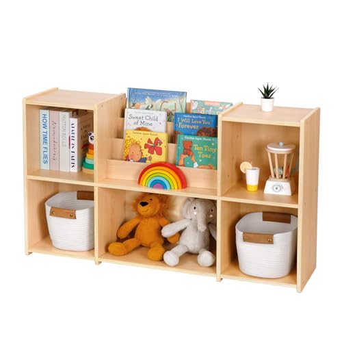 OOOK Montessori Bookshelf and Toy Storage Organizer, 2-Tier Horizontal Bookshelf, 5-Compartment Toy Storage Cabinet with Book Rack, Ideal Choice for Kids Classroom Organizer, Playroom and Daycare