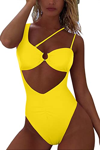 Qinsen Cheeky Monokini Swimwear For Women Push Up One Piece Swimsuit Cutout Bathing Suit Yellow S #TOP2