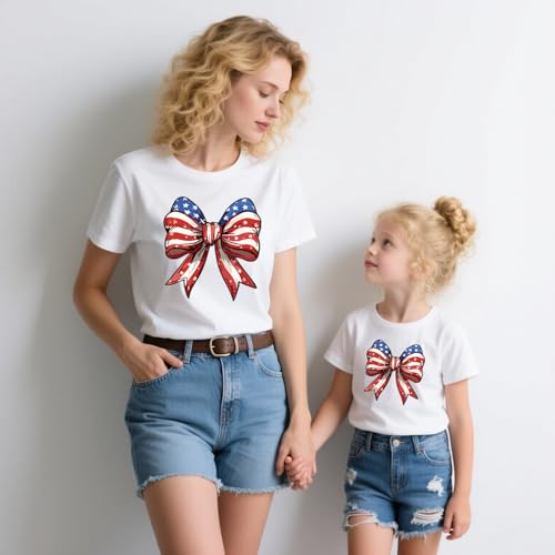 Image of Mommy and Me 4th of July T-Shirt Mama Mini Party in The USA Shirt American Flag Bow Tees