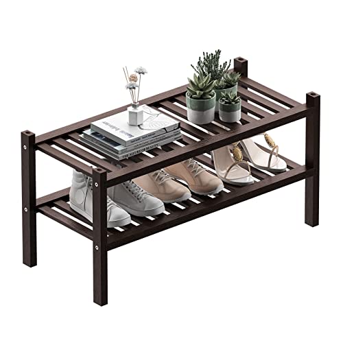 2 Tier (Thick) Bamboo Shoe Rack for Closet Free Standing Wood Shoe Shelf for Entryway Small Space Stackable 27"x12"x14" (Black Brown)