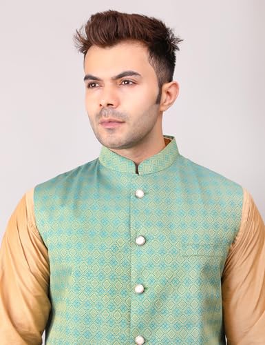 Image of Men's Cotton Silk Blend Regular Kurta Pyjama, Embroidered Nehru Jacket /Waistcoat Set