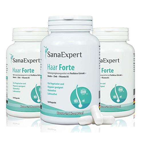SanaExpert Haar Forte, Suplemento Capilar para el Crecimiento y Fortalecimiento del Pelo con Biotina, Zinc y Mijo de Perla, 120 Cápsulas Pack de 3 (3)