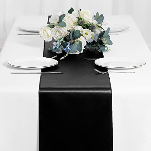 Beddeb 5-Pack Black Satin Table Runner 12 X 108 Inch Long Table Runner For Wedding, Black Birthday Party Decorations, Premium Table Runners For Banquets, Graduations, Engagements #TOP1