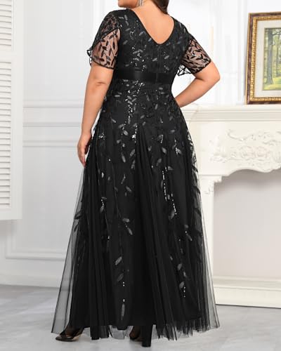 Image of Pinup Fashion Plus Size Formal Dresses - Evening Gowns Wedding Sequin Embroidery V-Neck Prom Long Dress
