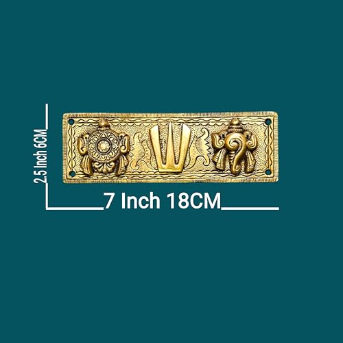 Image of FLAIMYST Shank Chakra Tilak for Door Entrance in Aluminium Metal, Tirupati Door Wall Hanging Shankh Chakra Namah Decorative for Home, Office, Room, Religious House Warming (Gold Plating Antique)