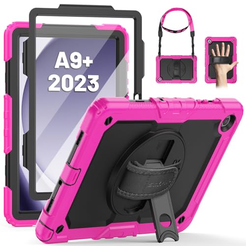 Coque Samsung Galaxy Tab A9 Plus antichoc 11 pouces avec support rotatif et bandoulière rose