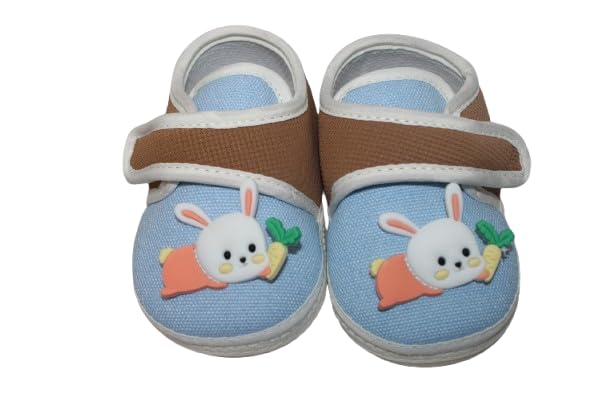 Baby Booties with Bunny Applique, Blue and Brown, Canvas, Strap, Anti-Slip Sole, Infant Shoes-picture-25