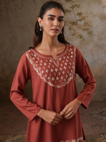 Image of QAZMI Women's Azra Kashmiri A-Line Full Sleeves Viscose Rayon Short Kurti