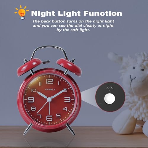 Image of AYRELY Super Loud Alarm Clock for Heavy Sleepers Adults,Twin Bell Retro 4 Inch Silent Non-Ticking Quartz with Backlight, Metal dial, Alarm Clocks for Bedrooms Bedside(3D Dial - Red)