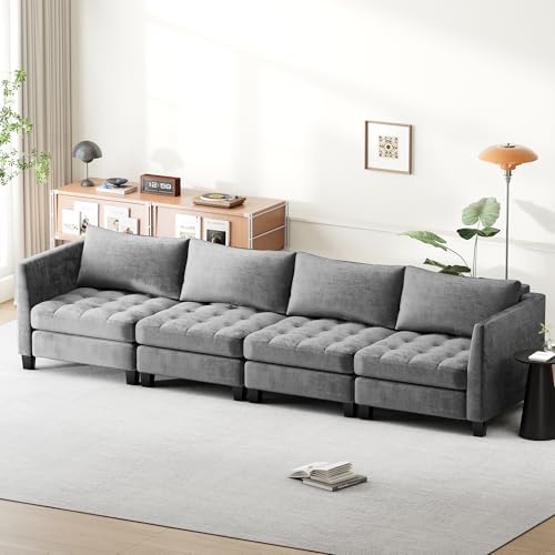 Advwin 4 Seater Sofa 346cm, Chenille Fabric Modern Sectional Couch with Removable Backrest Grey for Bedroom Living Room
