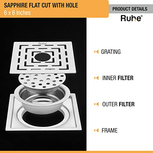 Image of Ruhe Sapphire Square Flat Cut Floor Drain | 304-Grade Stainless Steel Floor Drainer with Hole & Cockroach Trap (6 x 6 Inches) | Floor Drainer for Bathroom, Balcony