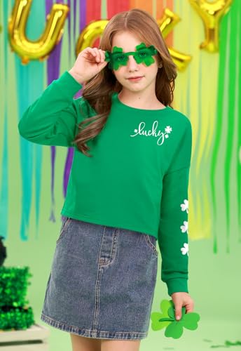Image of Tween Girl St. Patrick's Irish Lucky Four Leaf Clover Crop Top Green White Long Sleeve Shirt 12 Years