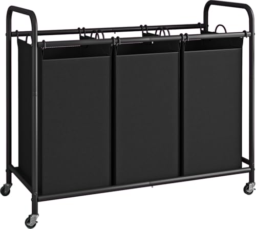 LINZINAR 3-Bag Laundry Basket, Black Laundry Hamper, 35.6 Gal(135 L) Laundry Sorter Cart Laundry Room Organization with Heavy Duty Rolling Lockable Wheels and Removable Bags
