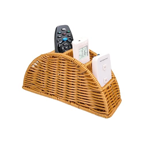 Cesto de Mimbre para Mando a Distancia - Cesta Organizadora de 4 Compartimentos de Ratán Sintético - Rústica para Almacenar Mandos de TV - para Hogar Oficina Sala de Estudio Habitación Salón Mesita de